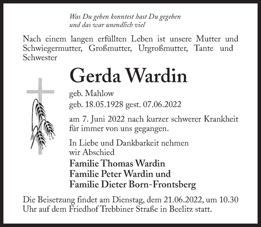 Traueranzeige für Gerda Wardin vom 18.06.2022 aus Märkischen Allgemeine Zeitung