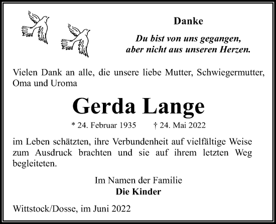 Traueranzeige von Gerda Lange Lange von Märkischen Allgemeine Zeitung