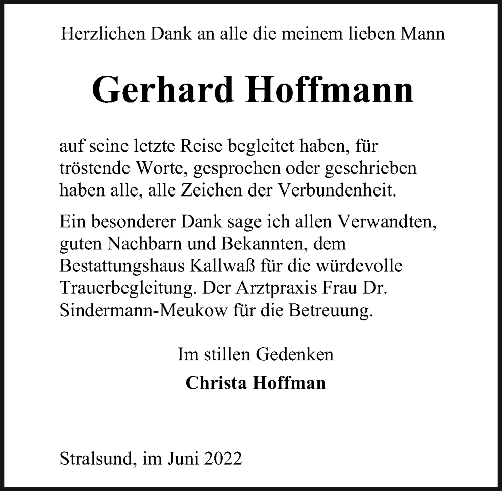  Traueranzeige für Gerhard Hoffmann vom 11.06.2022 aus Ostsee-Zeitung GmbH