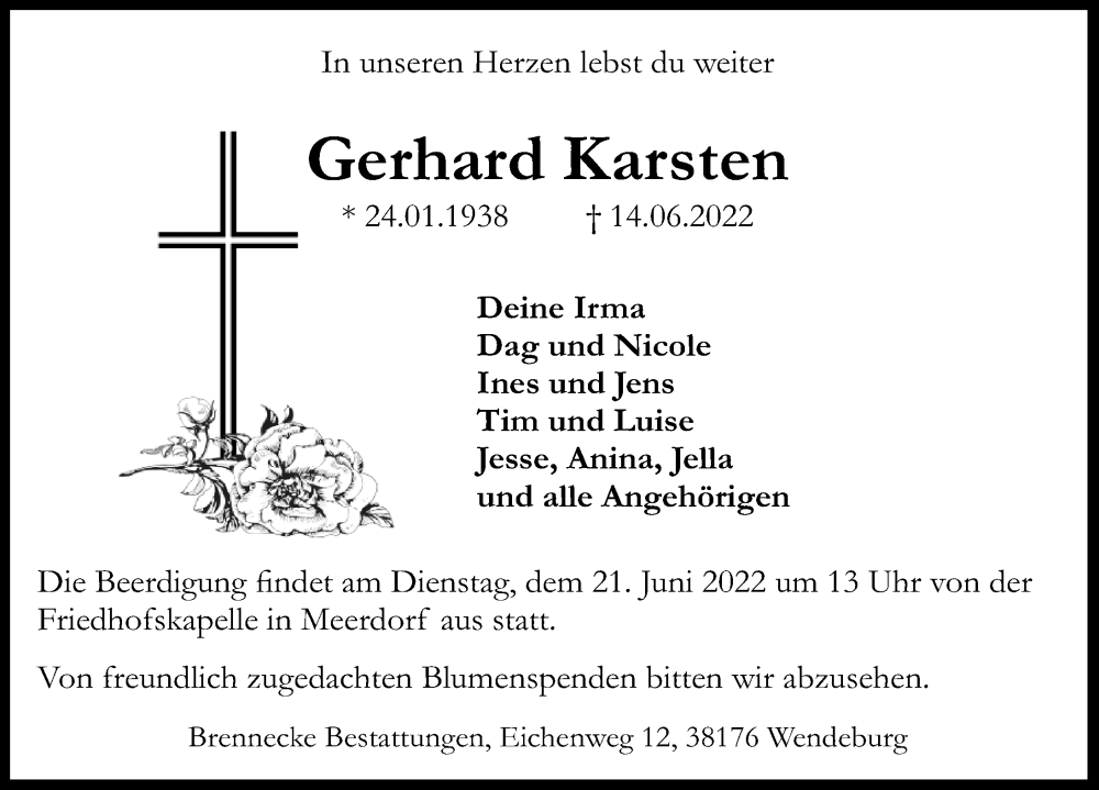  Traueranzeige für Gerhard Karsten vom 18.06.2022 aus Peiner Allgemeine Zeitung