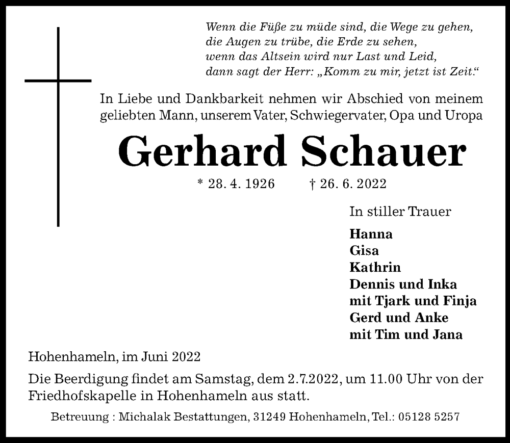  Traueranzeige für Gerhard Schauer vom 29.06.2022 aus Peiner Allgemeine Zeitung