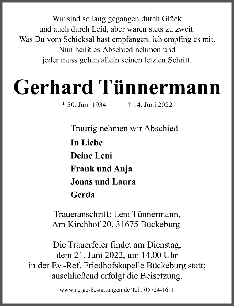  Traueranzeige für Gerhard Tünnermann vom 18.06.2022 aus Schaumburger Nachrichten