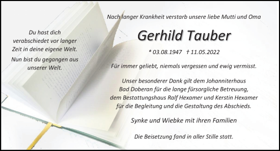 Traueranzeige von Gerhild Tauber von Ostsee-Zeitung GmbH