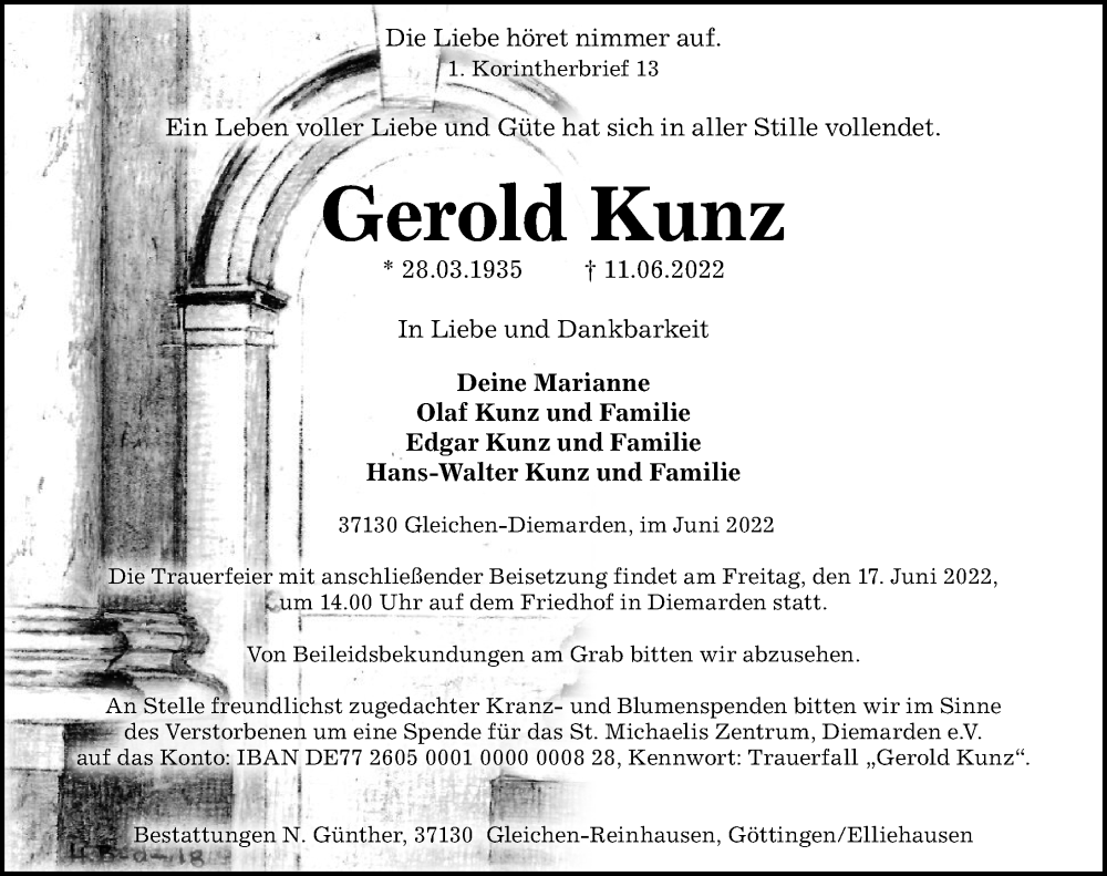  Traueranzeige für Gerold Kunz vom 14.06.2022 aus Göttinger Tageblatt