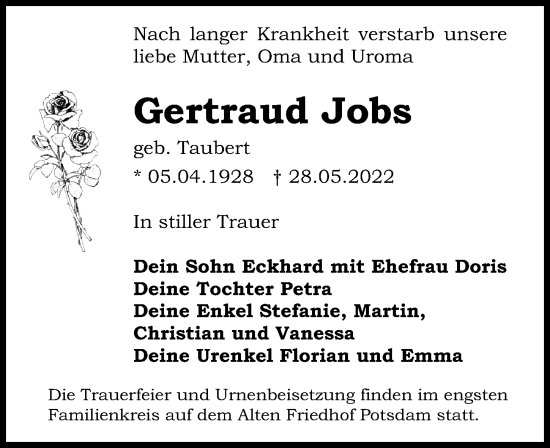 Traueranzeige von Gertraud Jobs von Märkischen Allgemeine Zeitung