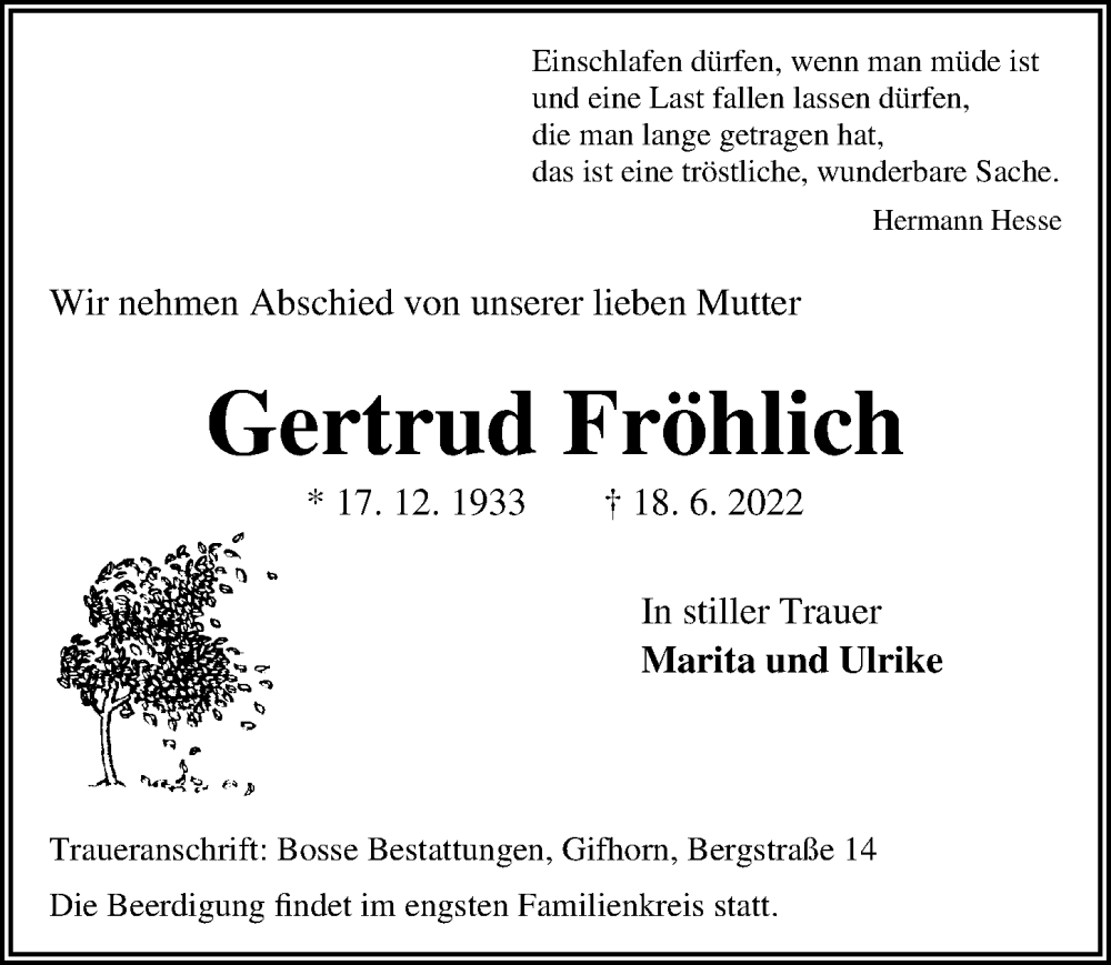  Traueranzeige für Gertrud Fröhlich vom 22.06.2022 aus Aller Zeitung