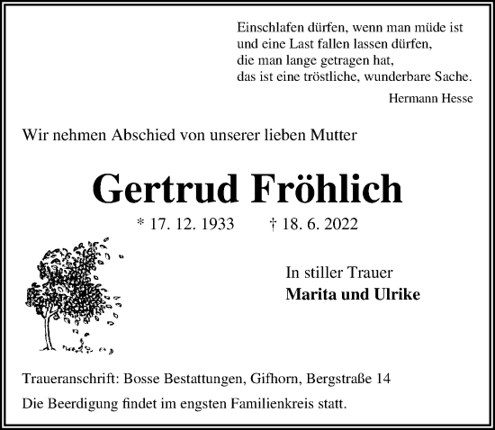 Traueranzeige von Gertrud Fröhlich von Aller Zeitung