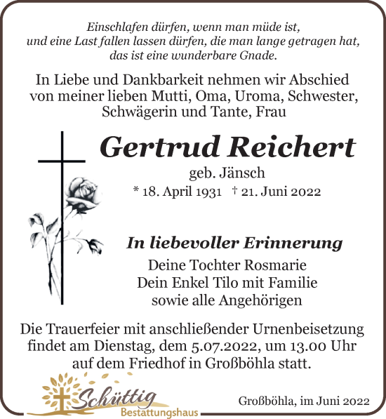Traueranzeige von Gertrud Reichert von Leipziger Volkszeitung