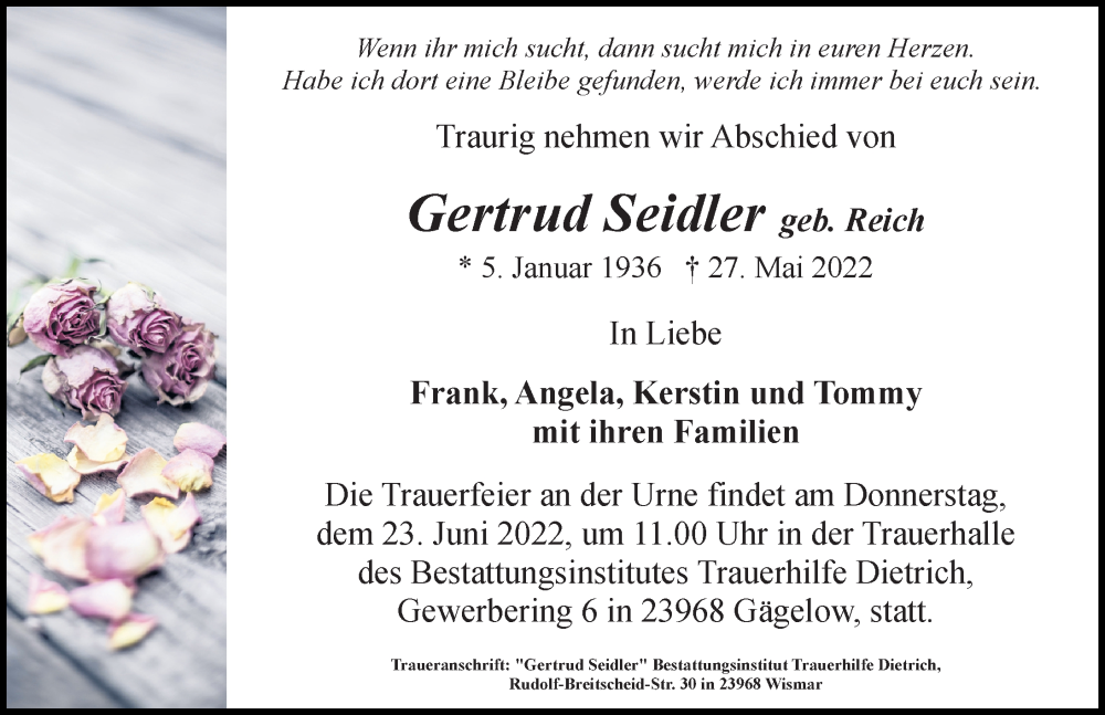  Traueranzeige für Gertrud Seidler vom 11.06.2022 aus Ostsee-Zeitung GmbH