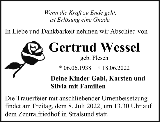 Traueranzeige von Gertrud Wessel von Ostsee-Zeitung GmbH