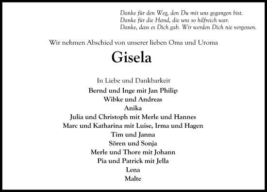 Traueranzeige von Gisela  von Lübecker Nachrichten
