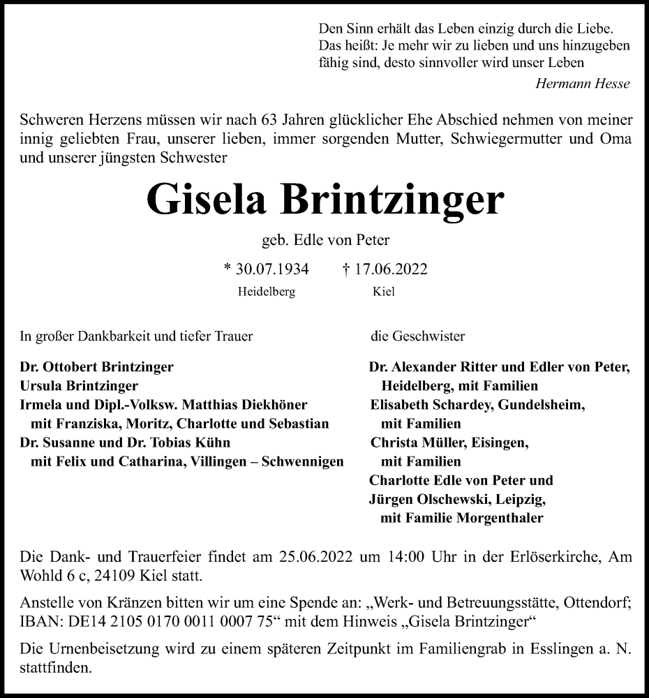 Traueranzeige für Gisela Brintzinger vom 22.06.2022 aus Kieler Nachrichten