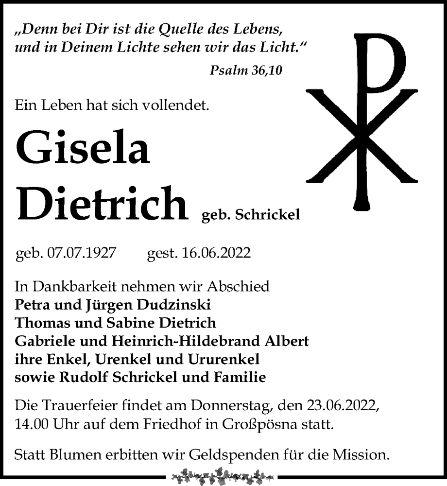  Traueranzeige für Gisela Dietrich vom 22.06.2022 aus Leipziger Volkszeitung