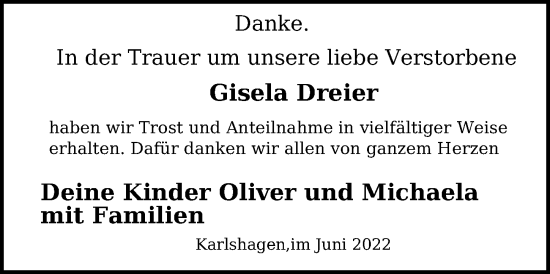 Traueranzeige von Gisela Dreier von Ostsee-Zeitung GmbH