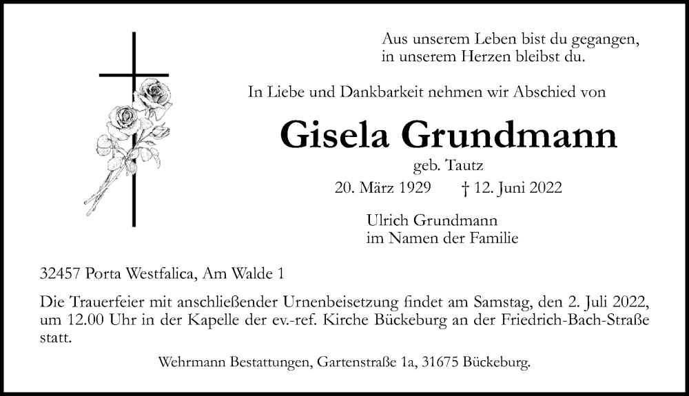  Traueranzeige für Gisela Grundmann vom 22.06.2022 aus Schaumburger Nachrichten