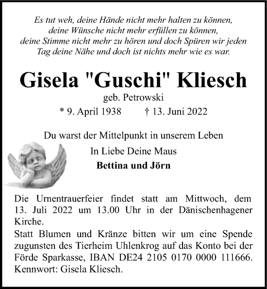 Traueranzeige von Gisela Kliesch von Kieler Nachrichten