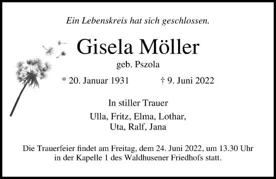 Traueranzeige von Gisela Möller von Lübecker Nachrichten