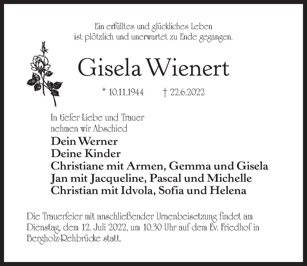  Traueranzeige für Gisela Wienert vom 25.06.2022 aus Märkischen Allgemeine Zeitung