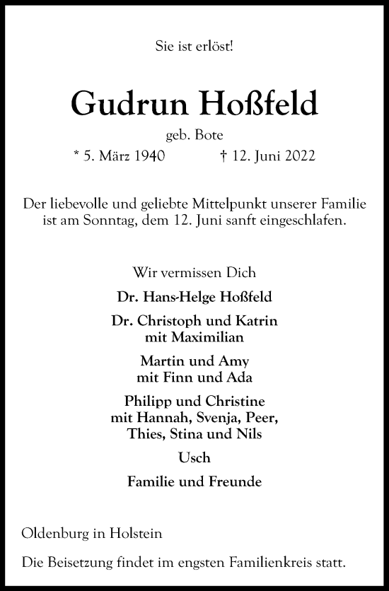 Traueranzeige von Gudrun Hoßfeld von Lübecker Nachrichten