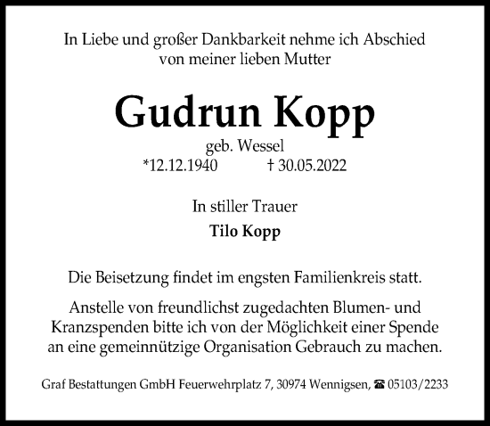 Traueranzeige von Gudrun Kopp von Hannoversche Allgemeine Zeitung/Neue Presse