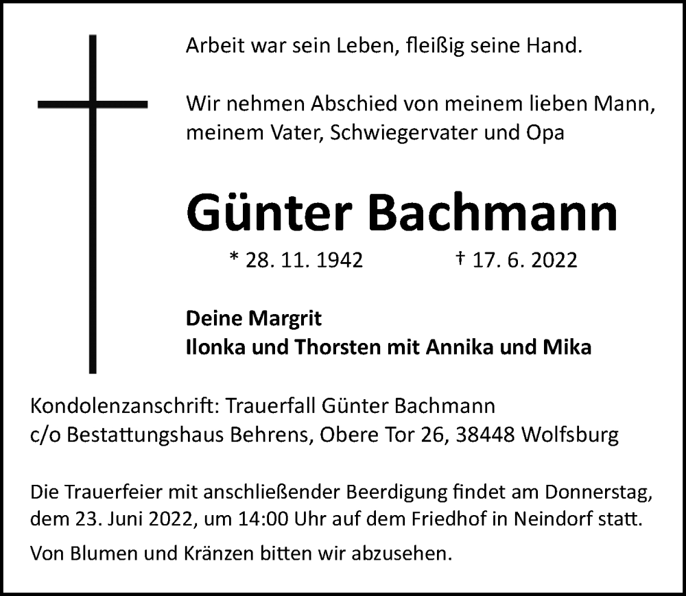  Traueranzeige für Günter Bachmann vom 21.06.2022 aus Aller Zeitung