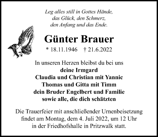Traueranzeige von Günter Brauer von Märkischen Allgemeine Zeitung