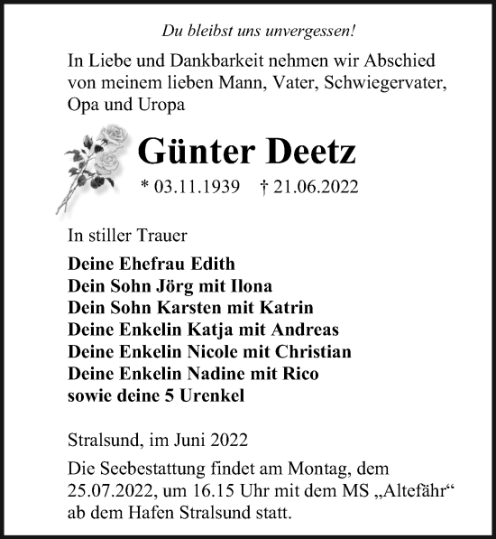 Traueranzeige von Günter Deetz von Ostsee-Zeitung GmbH