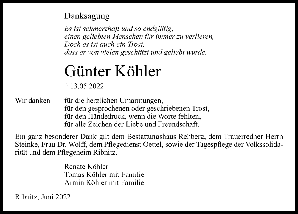  Traueranzeige für Günter Köhler vom 04.06.2022 aus Ostsee-Zeitung GmbH