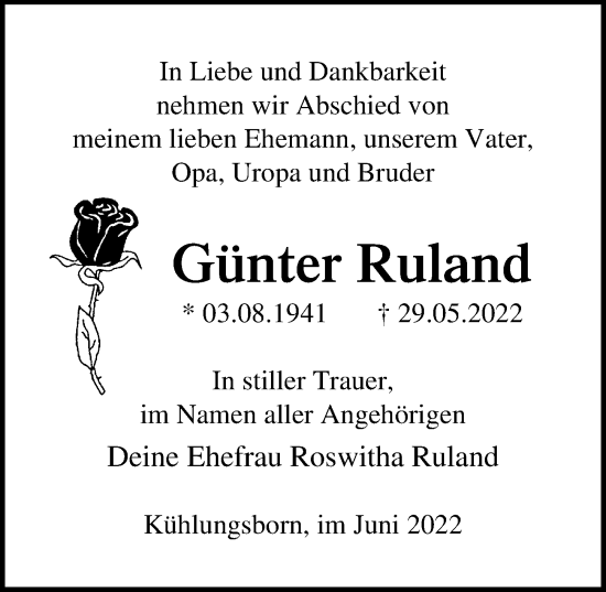Traueranzeige von Günter Ruland von Ostsee-Zeitung GmbH