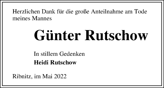 Traueranzeige von Günter Rutschow von Ostsee-Zeitung GmbH