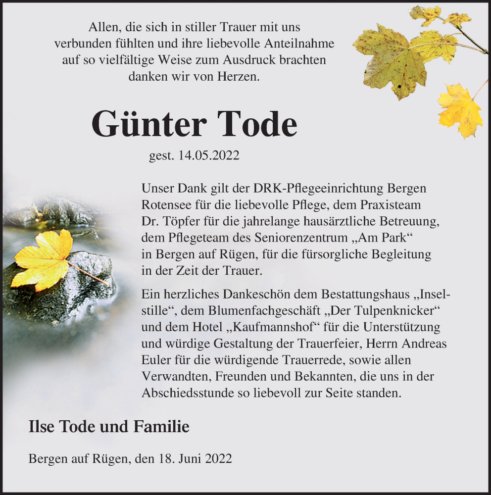  Traueranzeige für Günter Tode vom 18.06.2022 aus Ostsee-Zeitung GmbH
