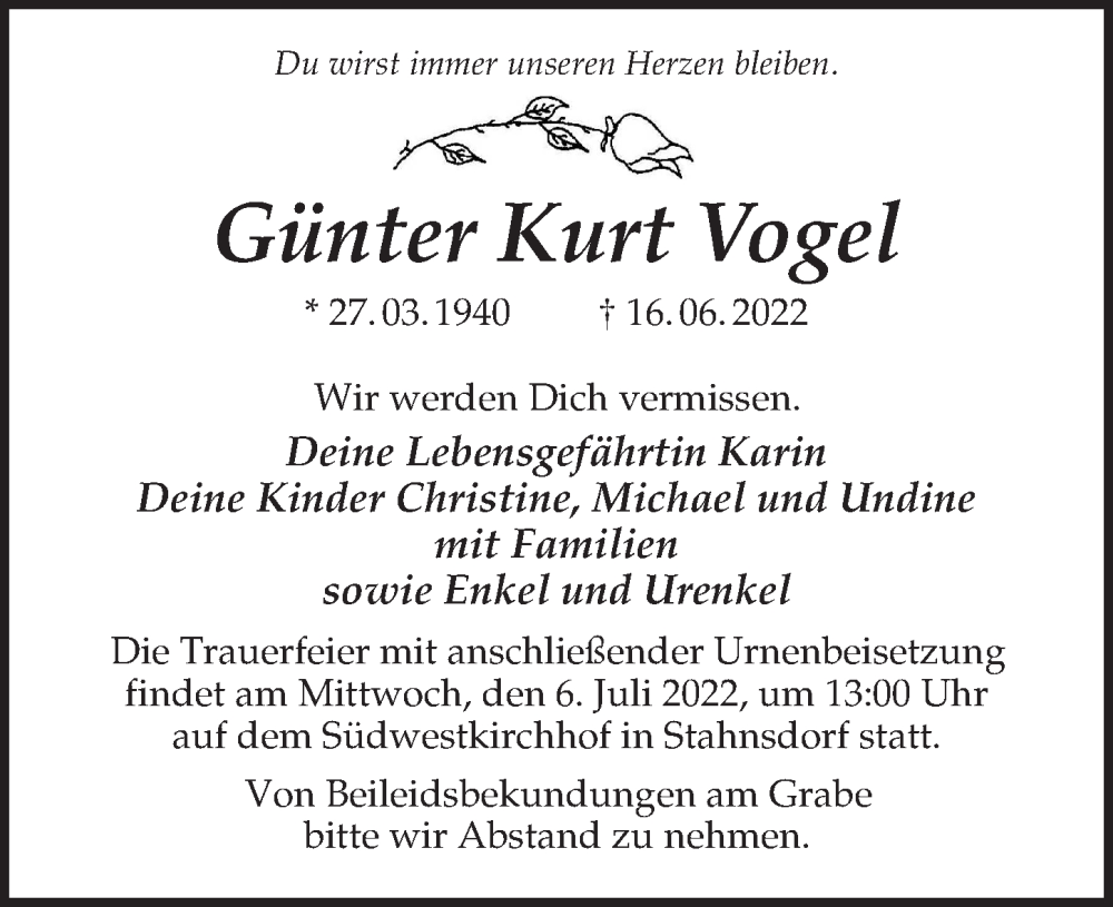  Traueranzeige für Günter Kurt Vogel vom 25.06.2022 aus Märkischen Allgemeine Zeitung