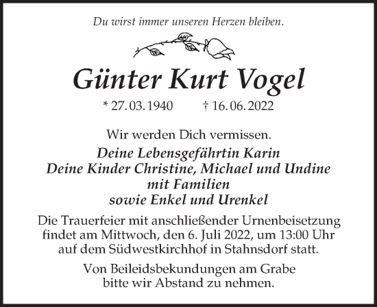 Traueranzeige von Günter Kurt Vogel von Märkischen Allgemeine Zeitung