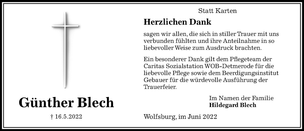  Traueranzeige für Günther Blech vom 11.06.2022 aus Aller Zeitung