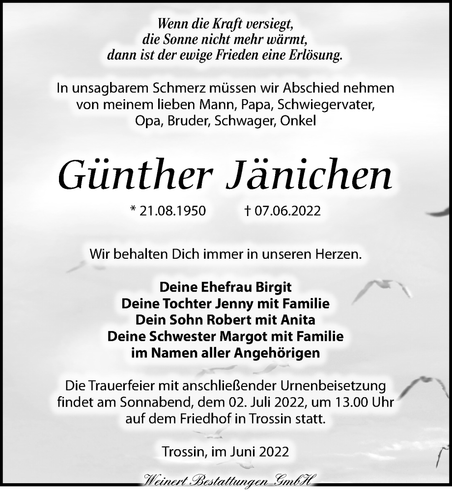  Traueranzeige für Günther Jänichen vom 18.06.2022 aus Torgauer Zeitung