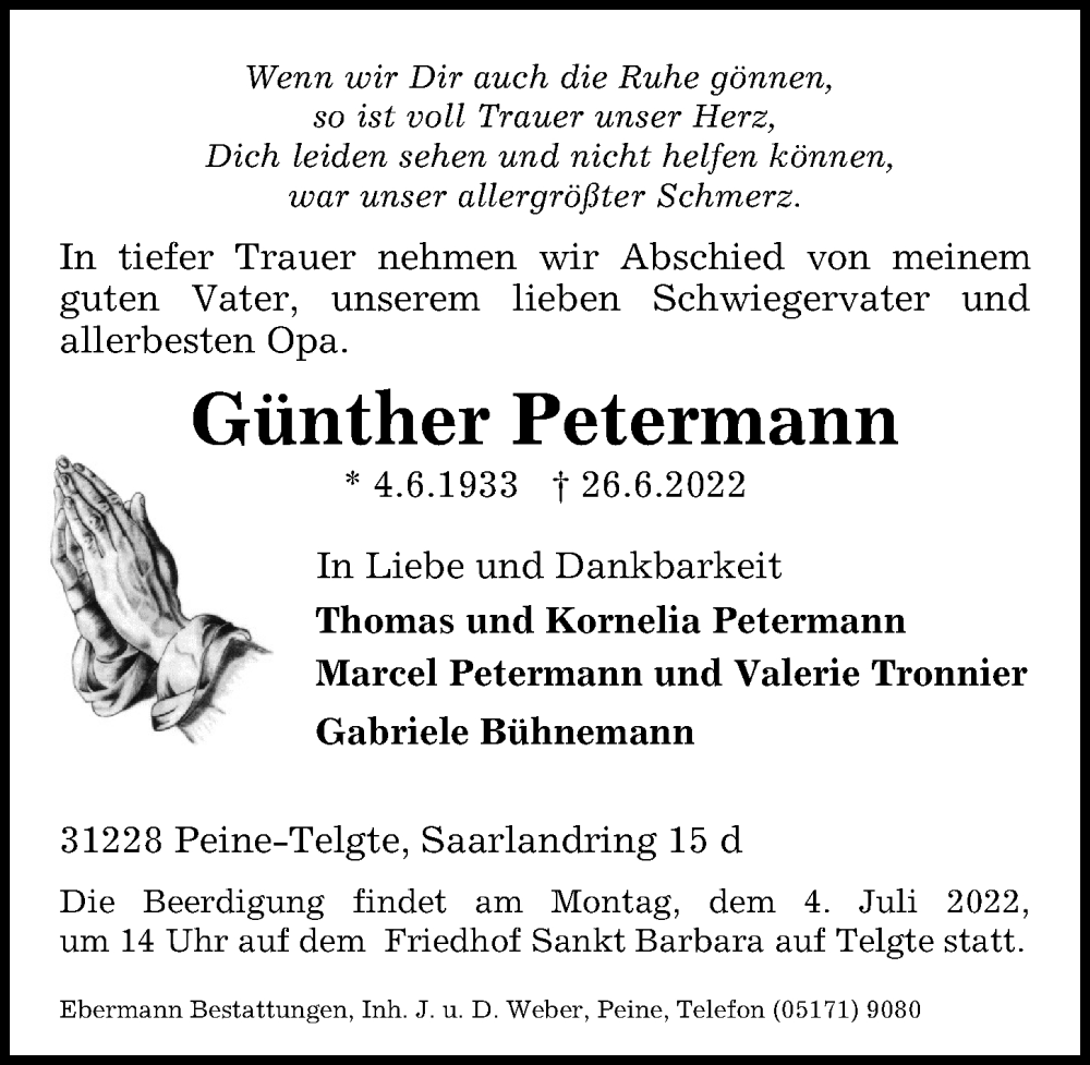  Traueranzeige für Günther Petermann vom 29.06.2022 aus Peiner Allgemeine Zeitung