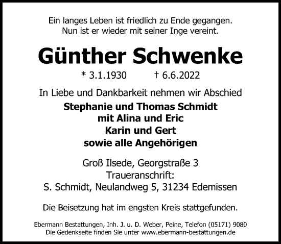 Traueranzeige von Günther Schwenke von Peiner Allgemeine Zeitung