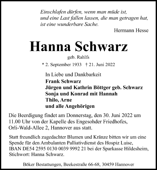 Traueranzeige von Hanna Schwarz von Hannoversche Allgemeine Zeitung/Neue Presse