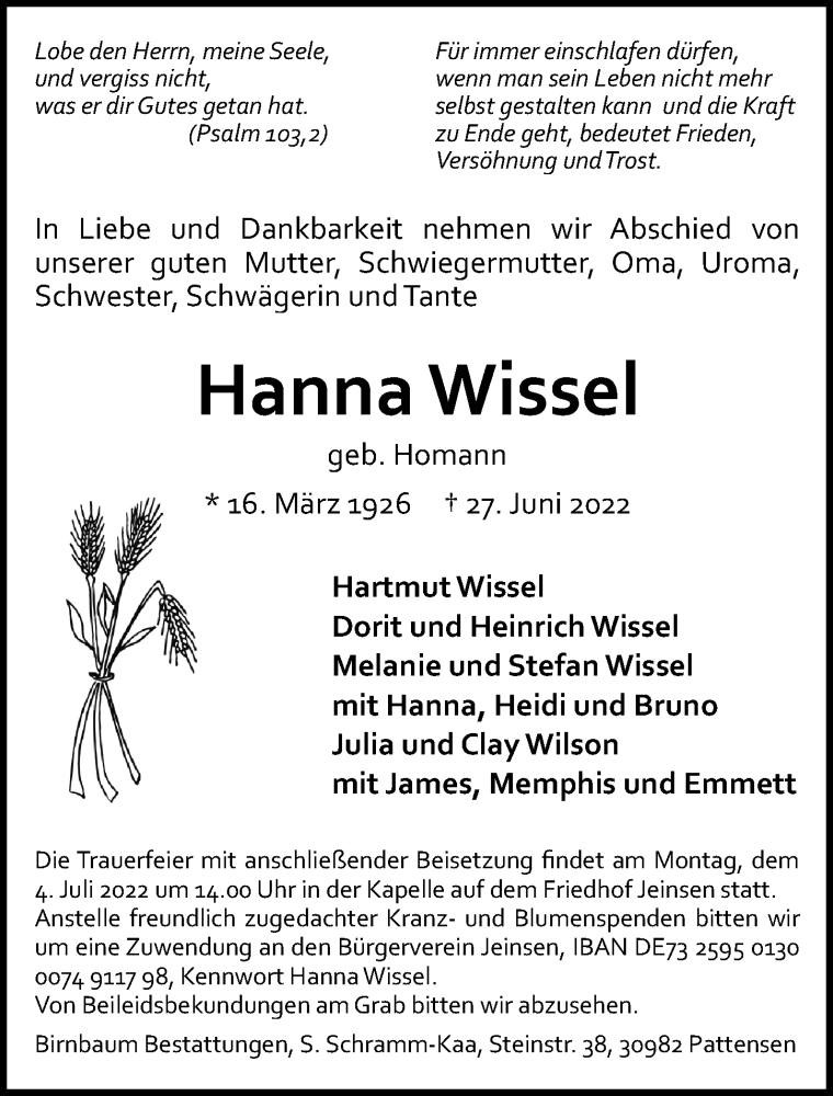  Traueranzeige für Hanna Wissel vom 29.06.2022 aus Hannoversche Allgemeine Zeitung/Neue Presse
