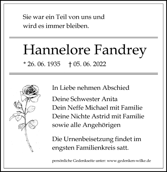 Traueranzeige von Hannelore Fandrey von Märkischen Allgemeine Zeitung