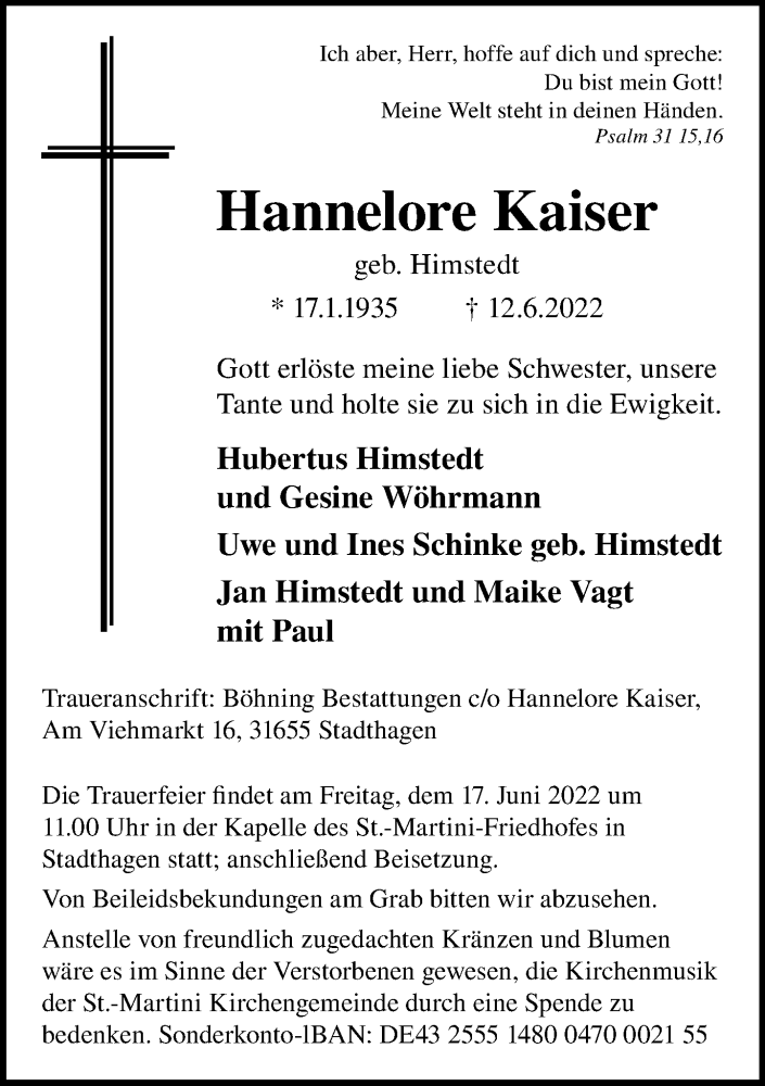  Traueranzeige für Hannelore Kaiser vom 15.06.2022 aus Schaumburger Nachrichten