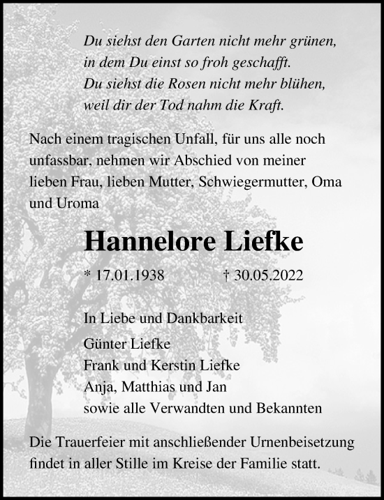 Traueranzeige von Hannelore Liefke von Ostsee-Zeitung GmbH