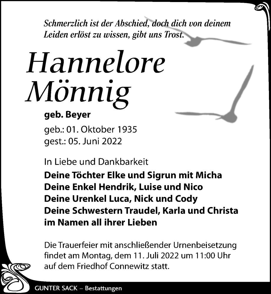  Traueranzeige für Hannelore Mönnig vom 18.06.2022 aus Leipziger Volkszeitung