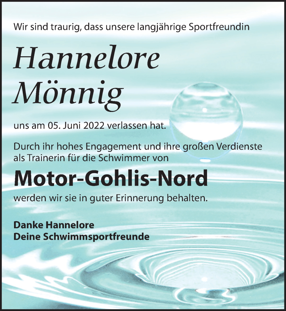  Traueranzeige für Hannelore Mönnig vom 18.06.2022 aus Leipziger Volkszeitung
