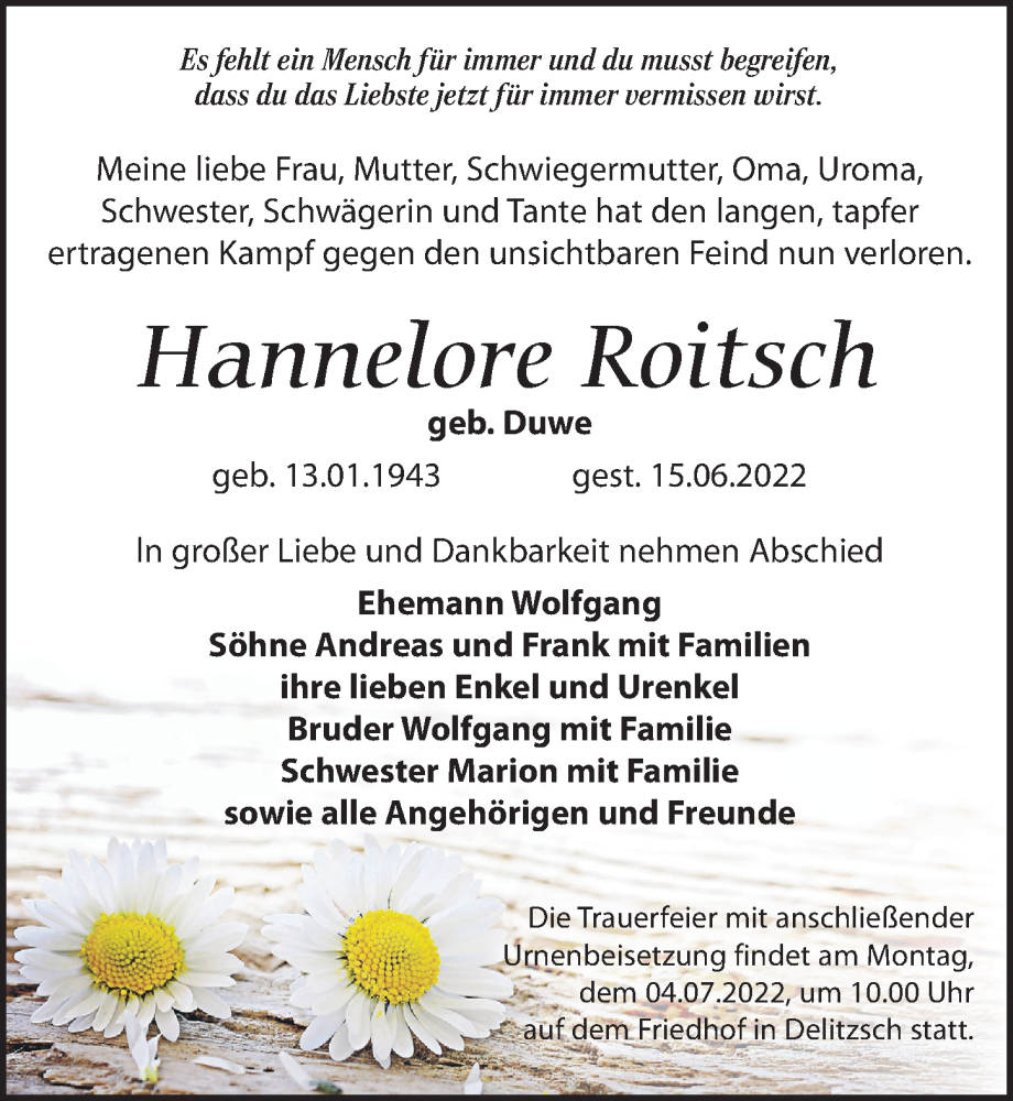  Traueranzeige für Hannelore Roitsch vom 25.06.2022 aus Leipziger Volkszeitung