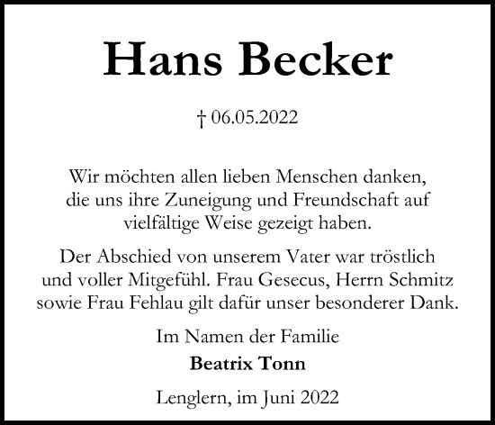 Traueranzeige von Hans Becker von Göttinger Tageblatt