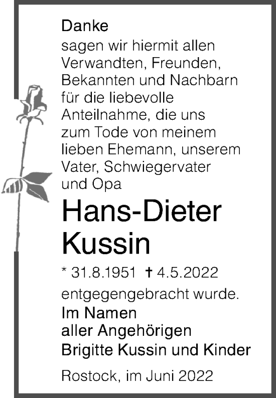 Traueranzeige von Hans-Dieter Kussin von Ostsee-Zeitung GmbH