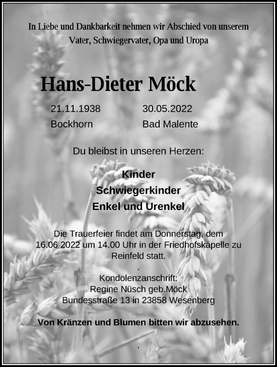 Traueranzeige von Hans-Dieter Möck von Lübecker Nachrichten