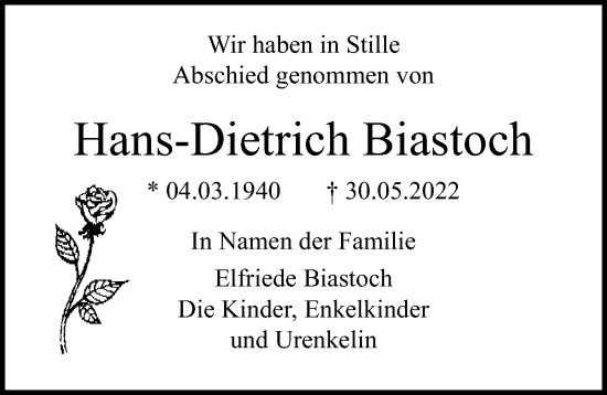 Traueranzeige von Hans-Dietrich Biastoch von Lübecker Nachrichten