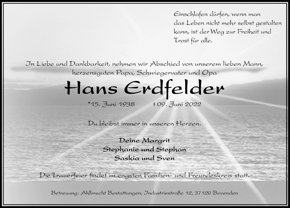  Traueranzeige für Hans Erdfelder vom 18.06.2022 aus Göttinger Tageblatt